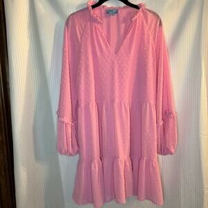 Woman's CeCe Large Pink Dot Babydoll Shift Long Sleeve Tiered Dress